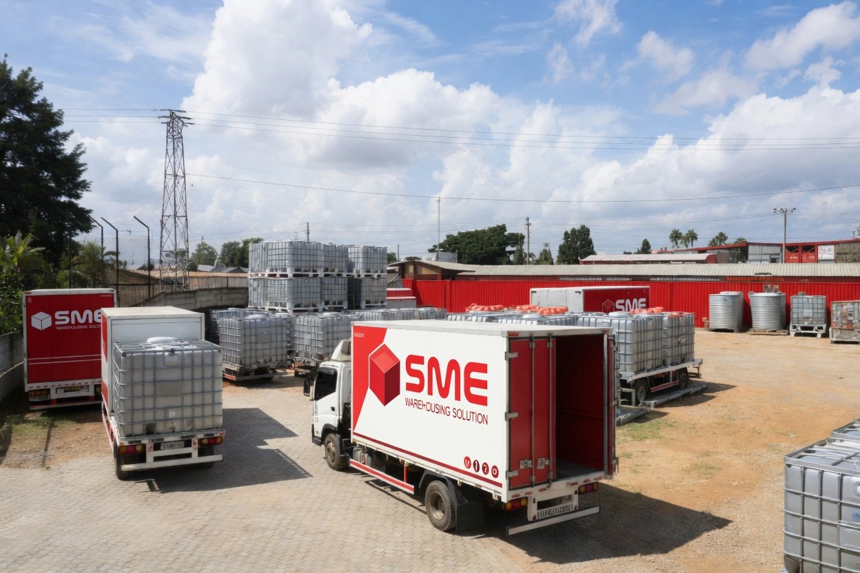 SME Warehousing Solutions delivery yard with trucks loading stock